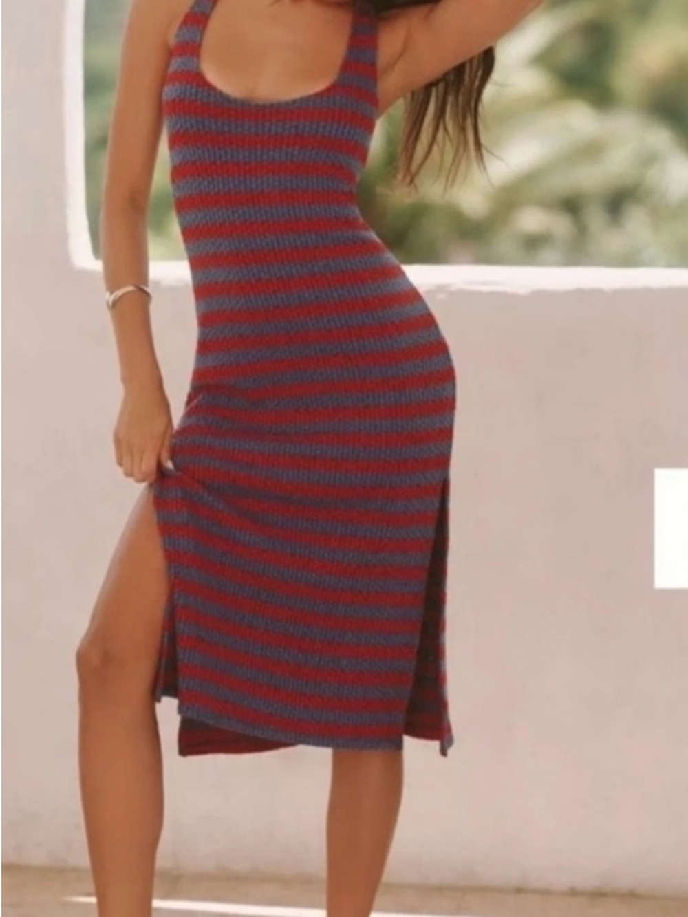 Striped Scoop Neck Midi Dress in Red and Blue knit fabric Sz S New
